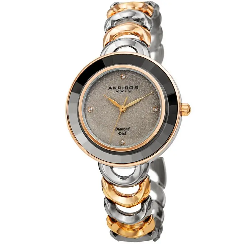Women Akribos Xxiv AK1088TTG Crystal Diamomd Silver Glitter Dial Diamond Watch