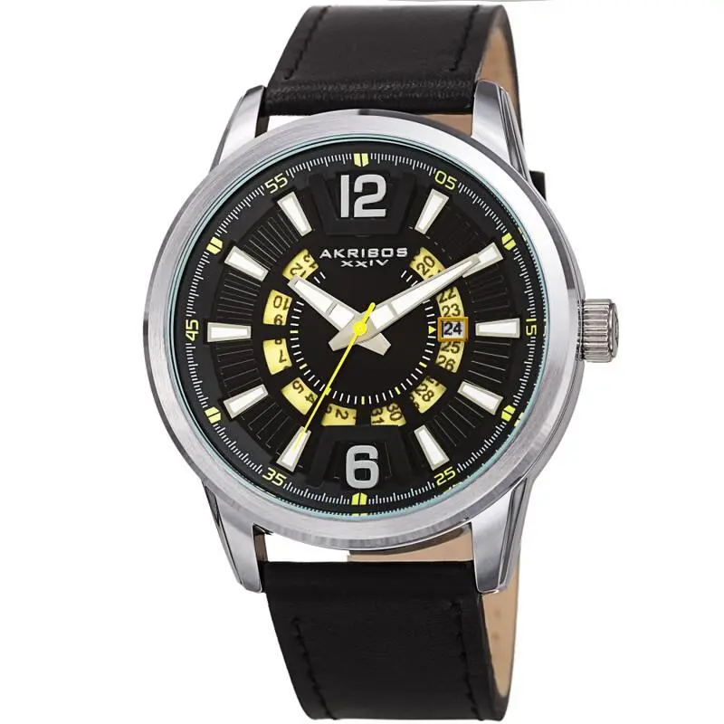 Men Akribos Xxiv AK1079SSBK Smart Ion Plated Silver Case Black Yellow Dial Watch