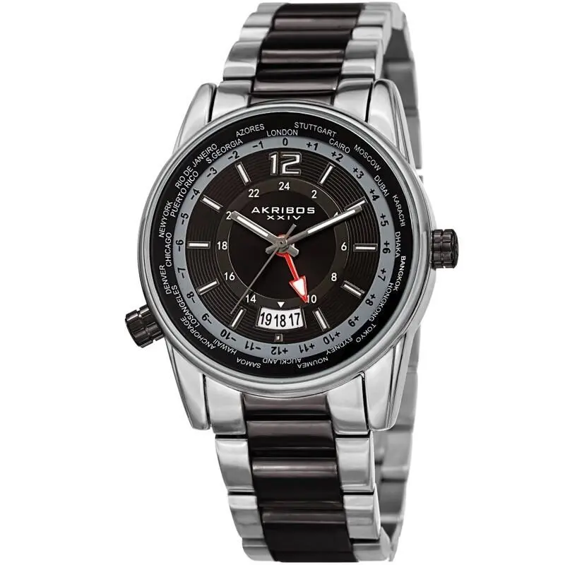 Men Akribos Xxiv AK1021TTB World Time Quartz Black Dial Two-tone Bracelet Watch