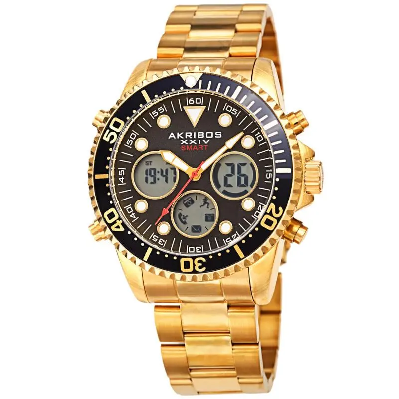Men Akribos Xxiv AK1094YGBK Gold Tone Smart Diver Black Bezel Bracelet Watch