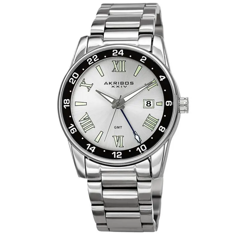 Men`s Akribos Xxiv AK1055SS Quartz Black Bezel Under Crystal Silver Dial Watch