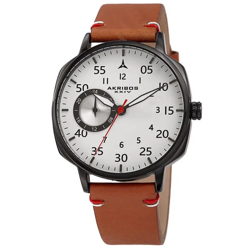 Akribos Xxiv AK1109BRBK Men`s Quartz White Dial Brown Leather Bracelet Watch