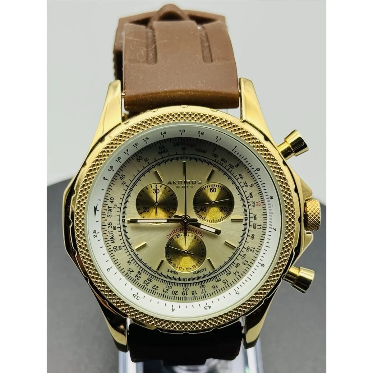Akribos Xxiv Watch Gold Tone Chronograph Slide Rule Bezel 5ATM Papers by Akribos XXIV