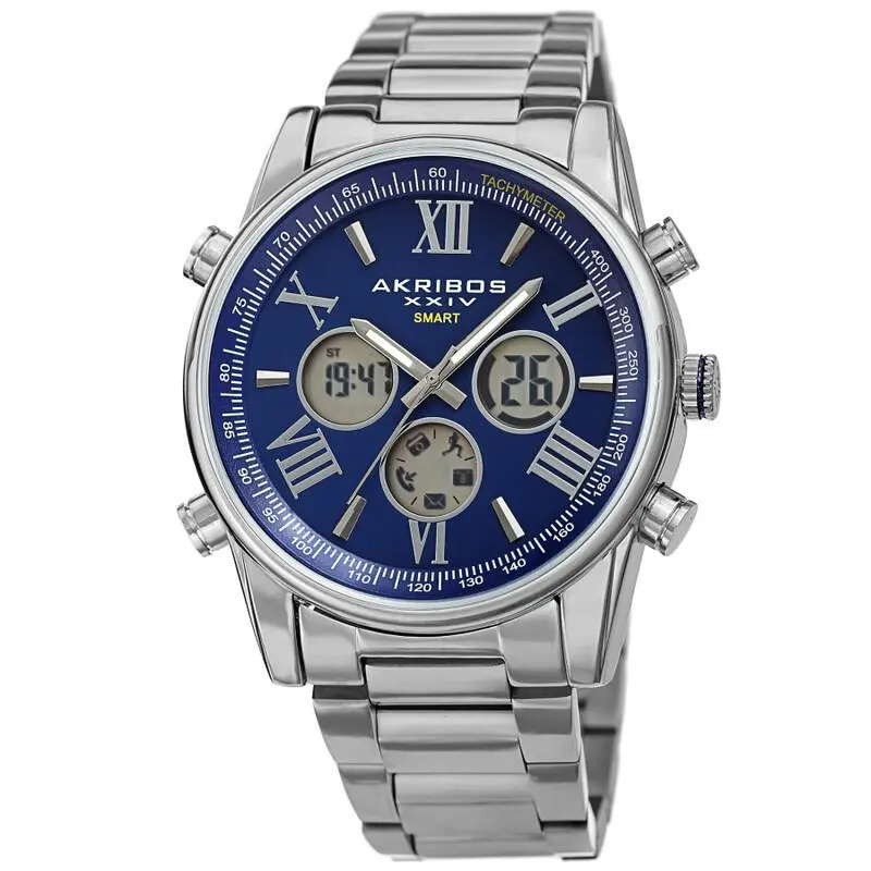 Men`s Akribos Xxiv AK1095SSBU Quartz Smart Blue Dial Silver Tone Bracelet Watch