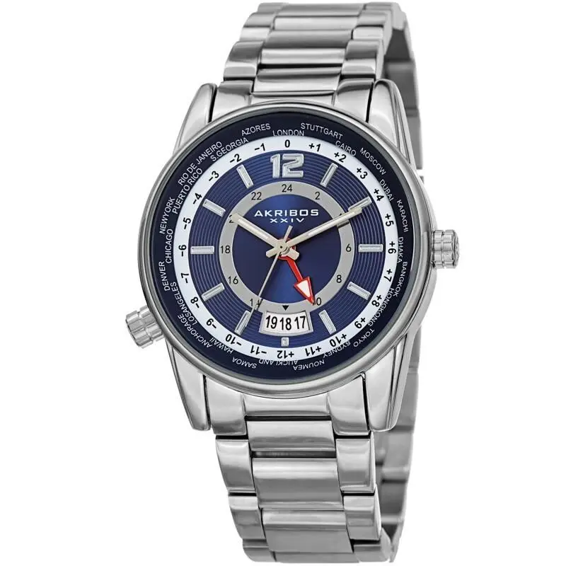 Men`s Akribos Xxiv AK1021SSBU World Time Quartz Blue Dial Silver Bracelet Watch
