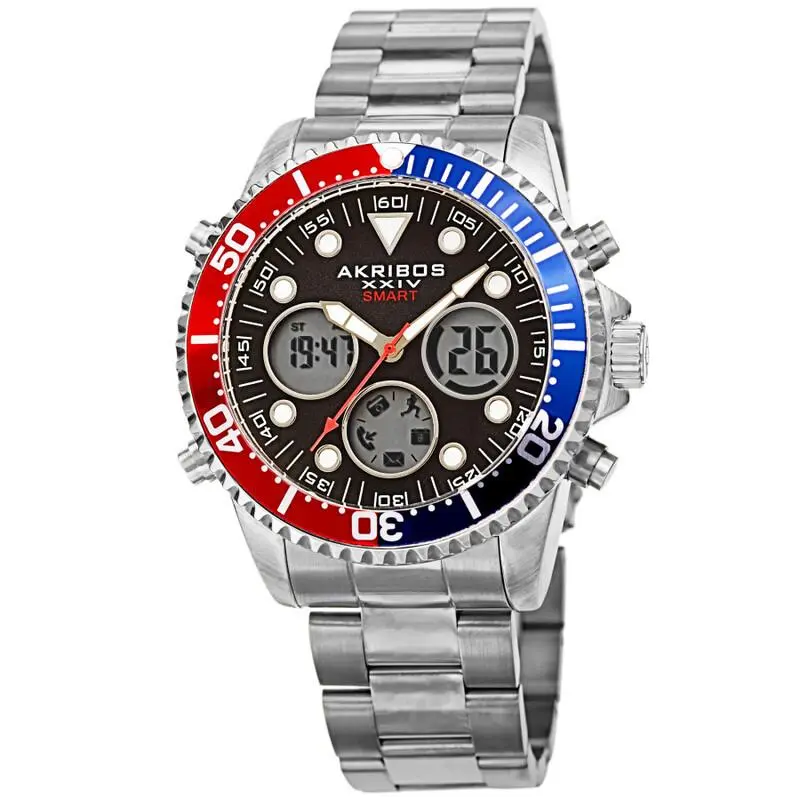 Men Akribos Xxiv AK1094SSBK Quartz Smart Diver Black Bezel Dial Bracelet Watch
