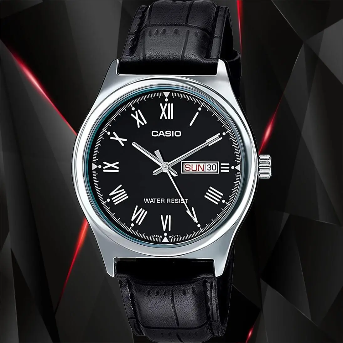 Casio MTP-V006L-1B Men`s Analog Watch Black Leather Band Day Date Roman