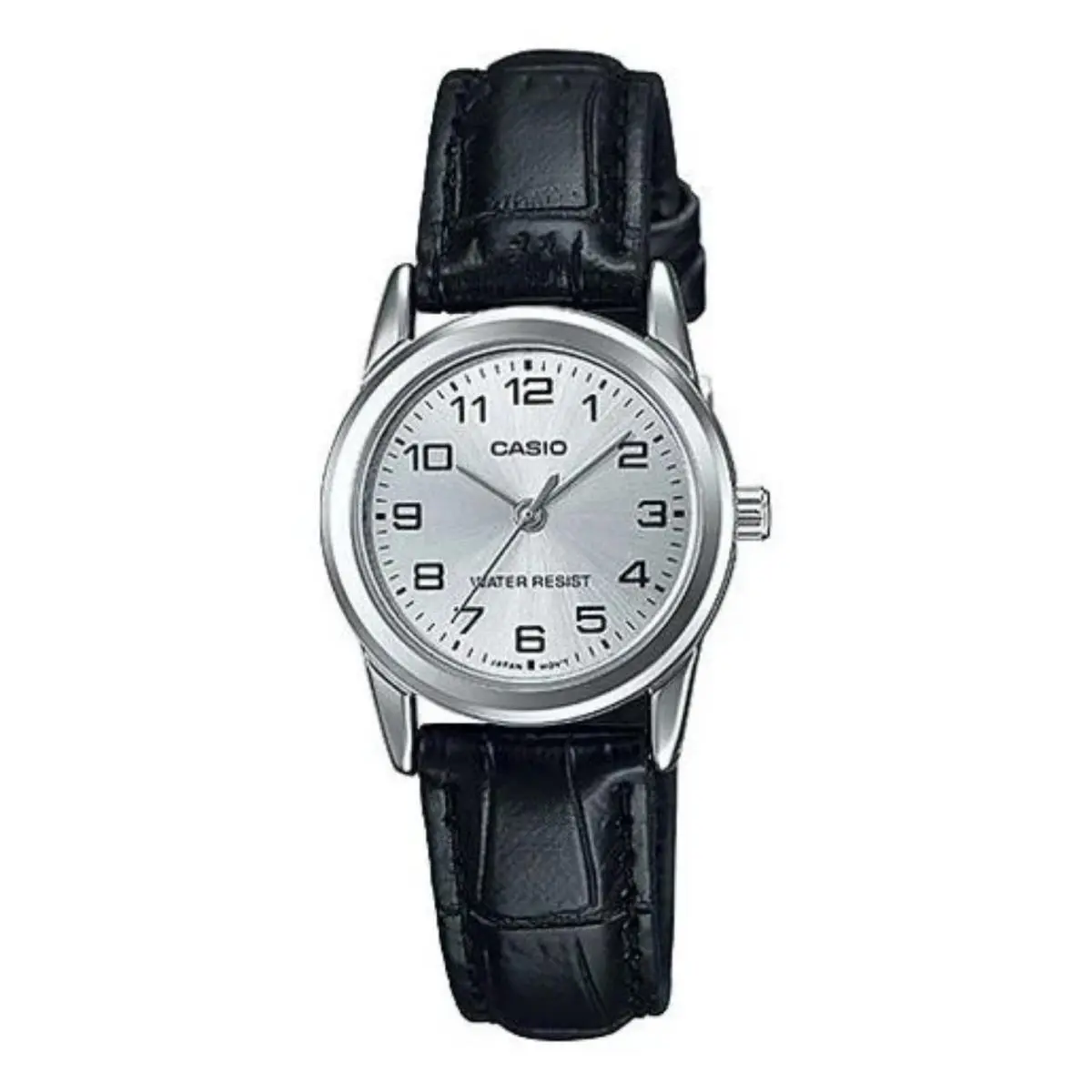 Casio Women’s Silver Dial Analog Watch with Black Leather Strap