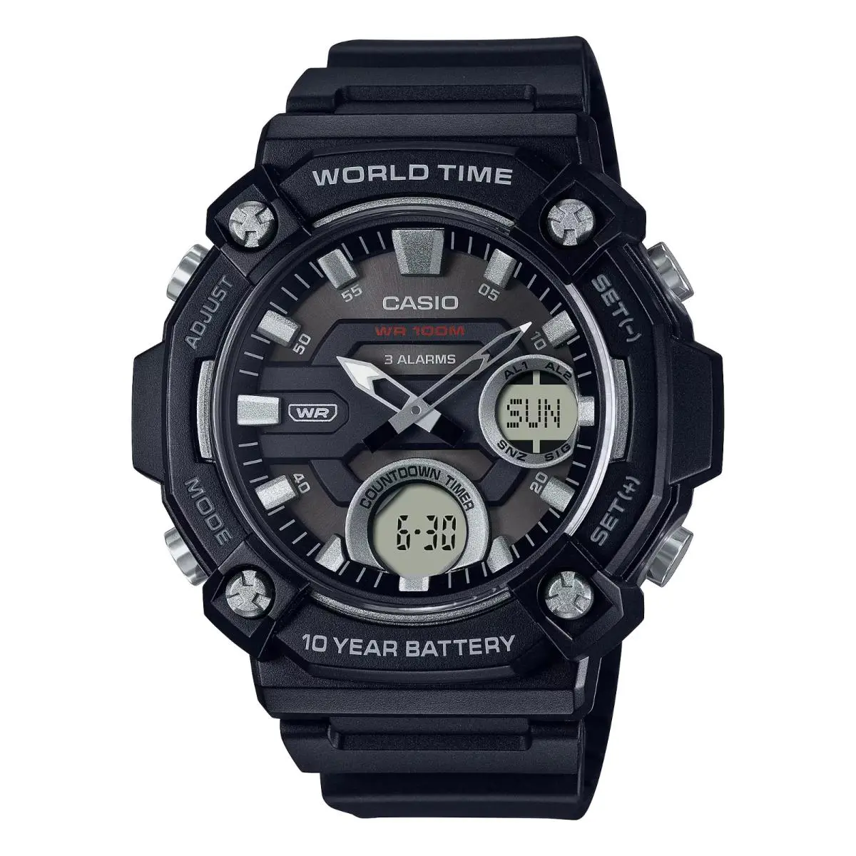 Casio Men`s World Time Stopwatch Timer Black Quartz Watch 53.3MM AEQ120-1AV