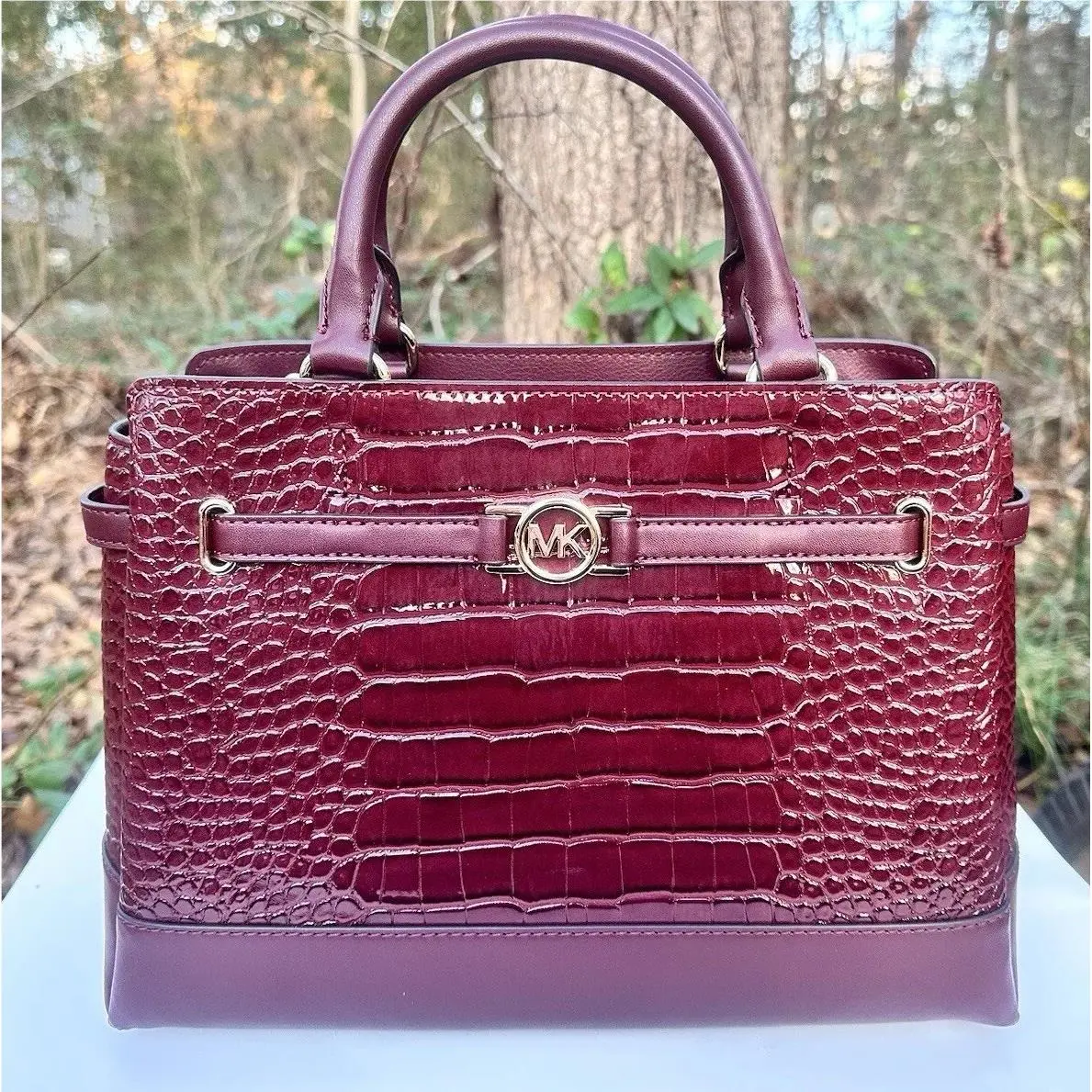 Large Belted Satchel Embossed Reed Leather Crossbody Oxblood Bag by Michael Kors