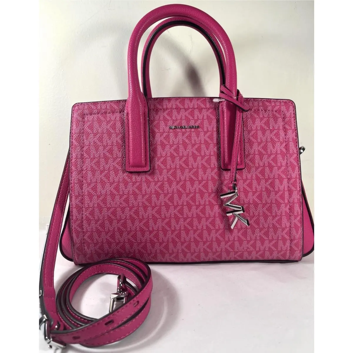 Michael Kors Laila Raspberry MK Logo Leather SM Satchel Shoulder Bag
