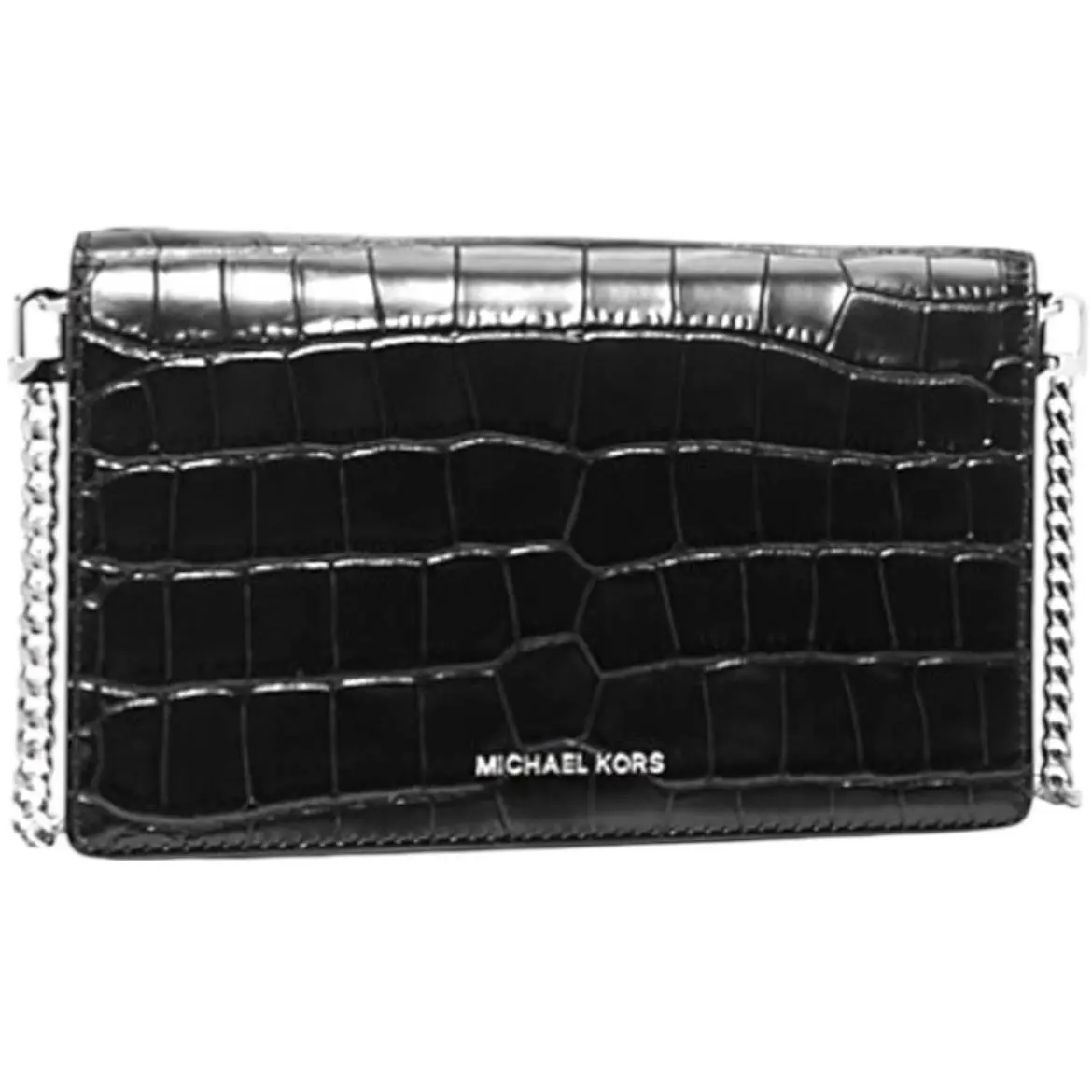 Michael Kors Jet Set Black Croc Embossed Leather Crossbody Silver Chain Bag