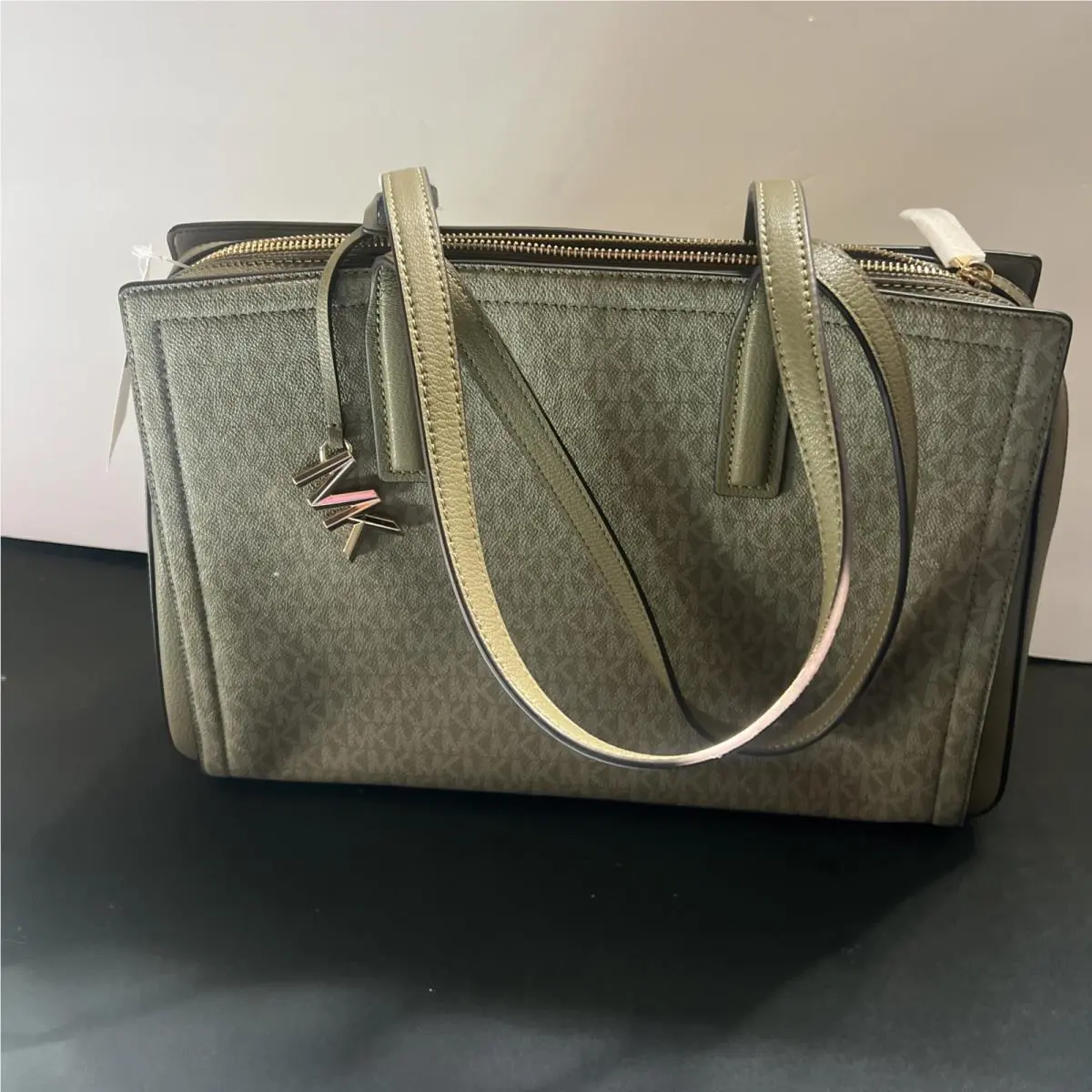 Michael Kors Laila Medium Black Leather Tote/ Safari Green Gold Hardware