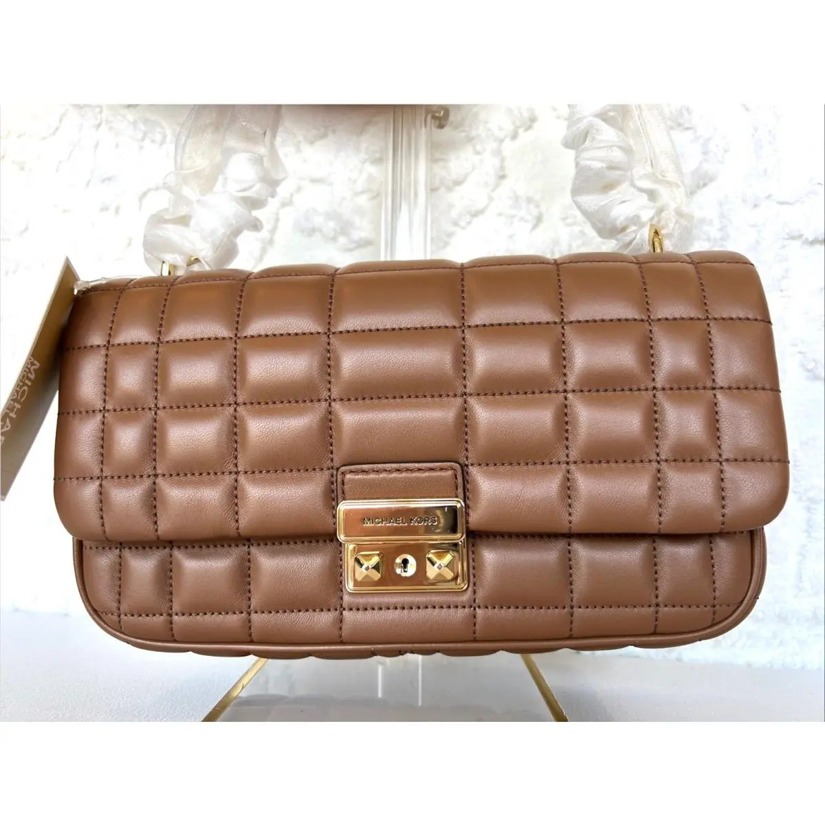 Michael Kors Tribeca Large Quilted Brown / Tan Leather Convertible Shoulder Bag