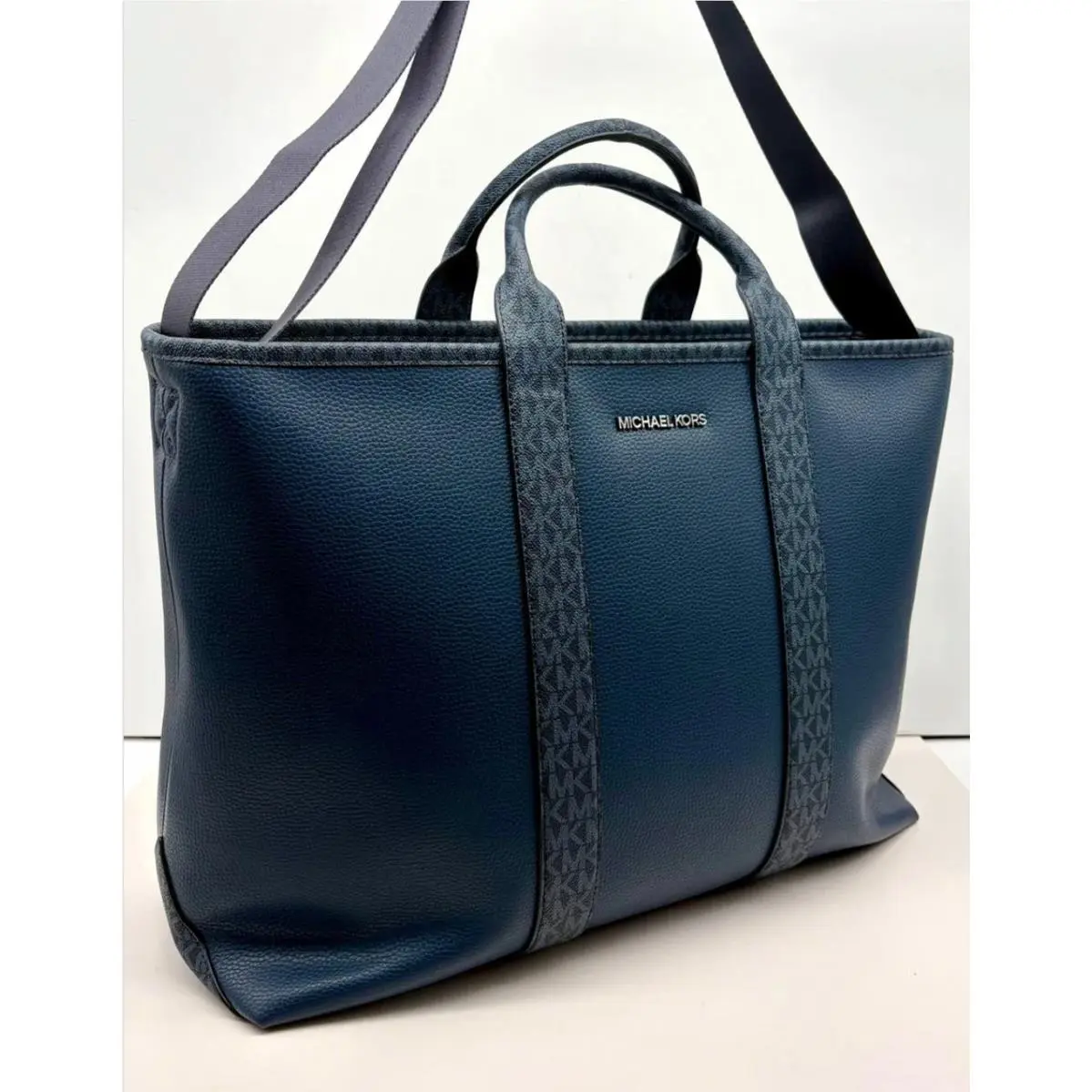 Michael Kors Cooper Medium Pebbled Leather and Signature Logo Tote Bag Navy