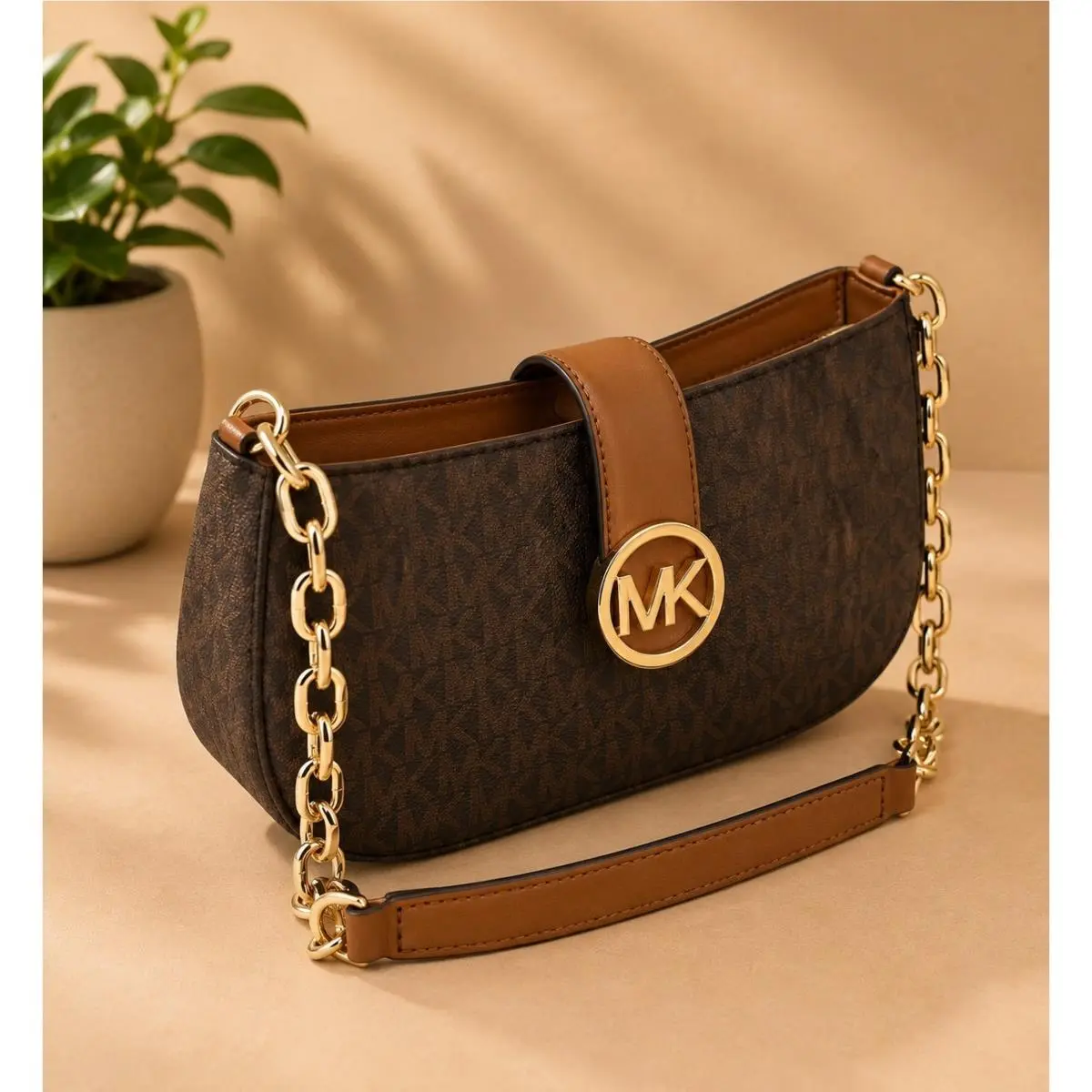 Michael Kors Carmen XS Leather Pouchette Shoulder Bag Brown - Brown, Exterior: Brown
