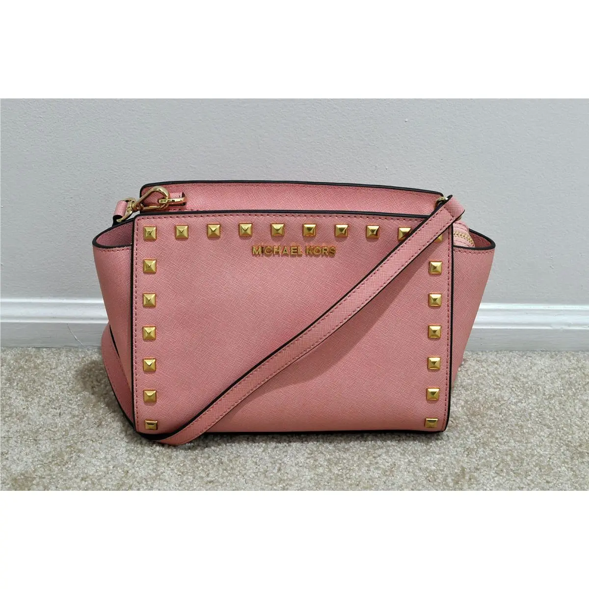 Kors Selma Medium Studded Leather Messenger in Pale Pink by Michael Kors