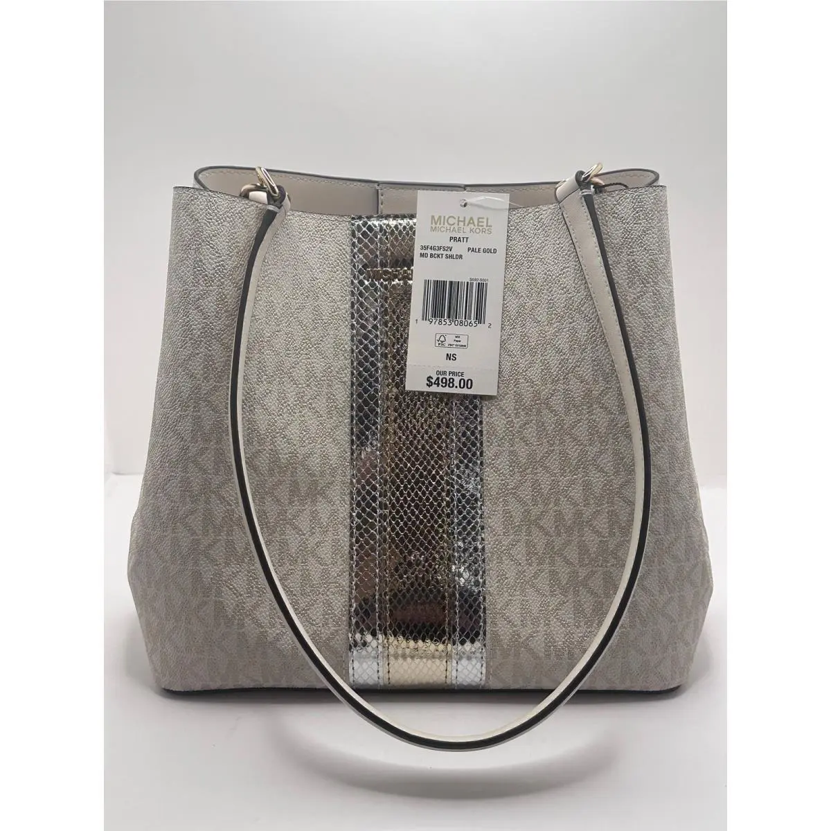 Michael Kors Pratt Medium Bucket Shoulder Bag Tote Pale Gold MK Logo Purse