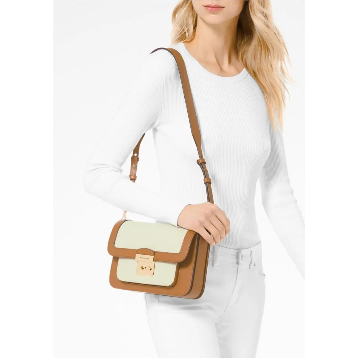 Michael Kors Sloan Editor Leather Canvas Convertible Crossbody Bag Clutch - Exterior: Multicolor, Hardware: Gold