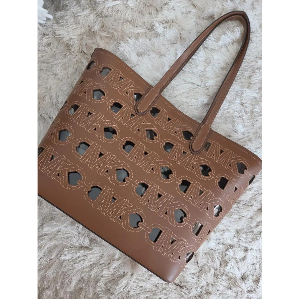 MK  Eliza Perforated Cutout Logo Leather Open Tote Bag Brown by Michael Kors