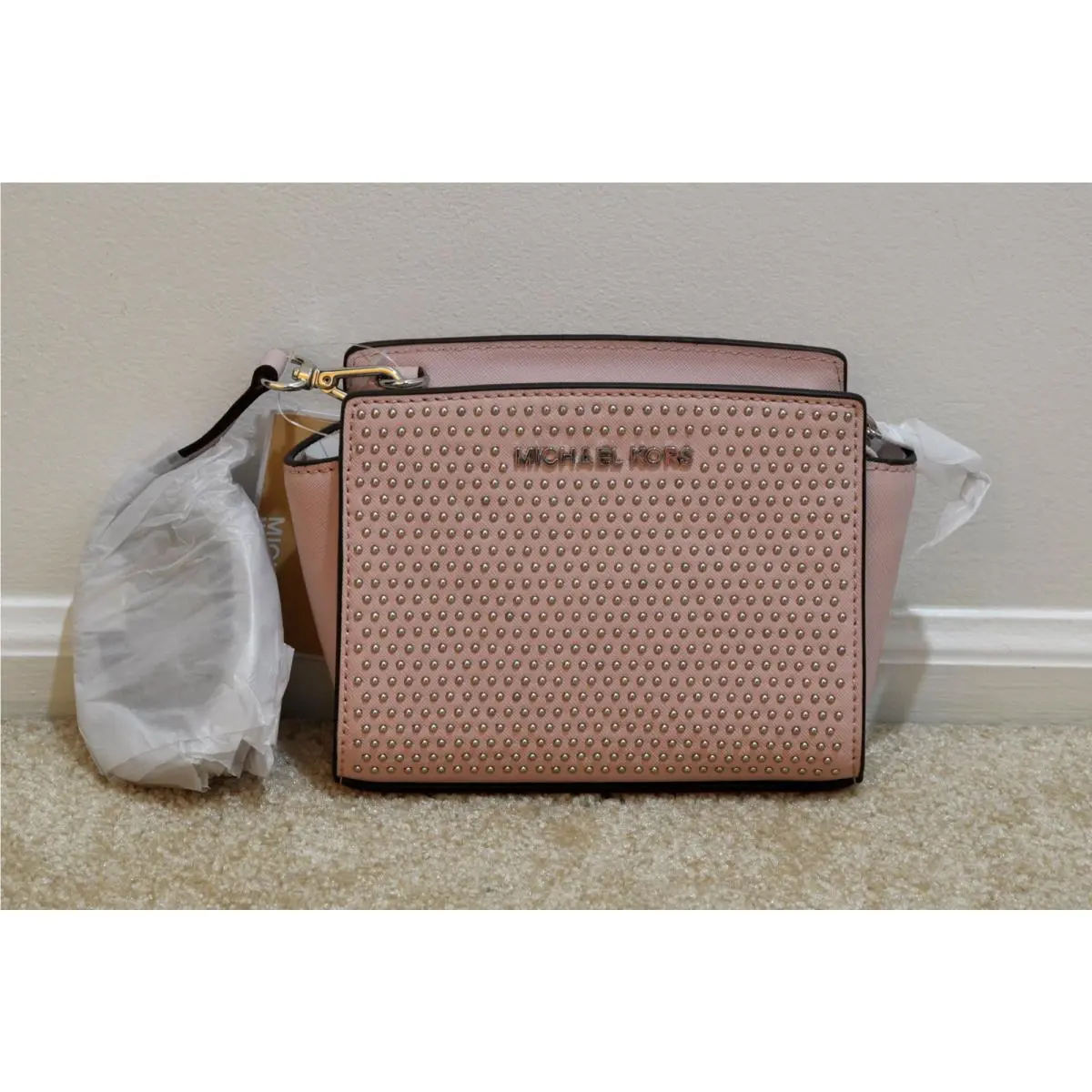 Michael Kors Selma Studded Saffiano Leather Mini Messenger Crossbody Blossom