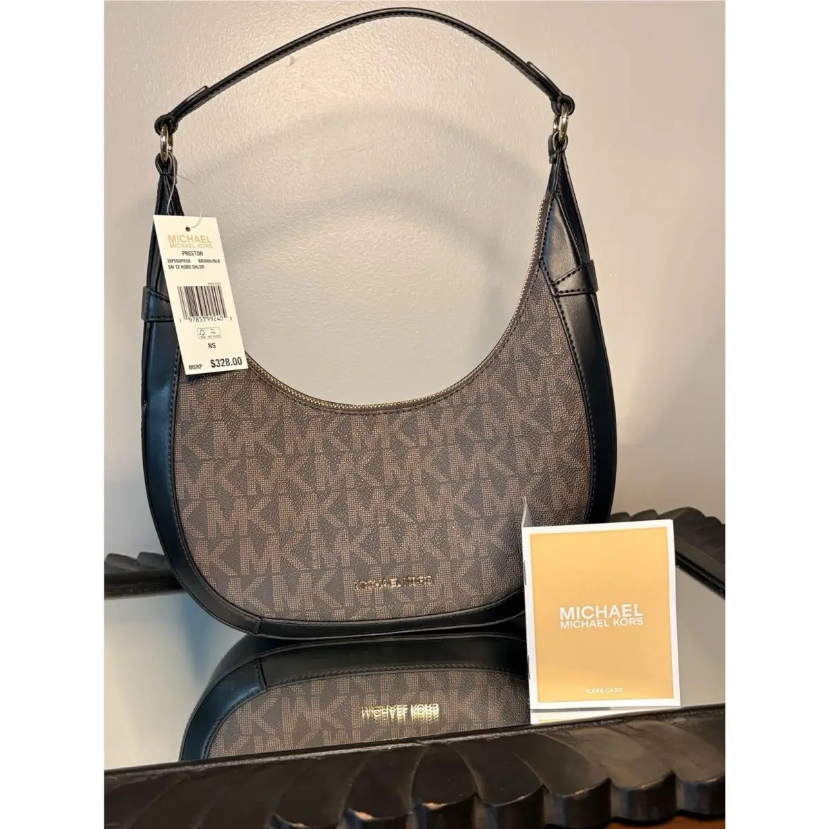 Michael Kors Handbag Preston Hobo Short Black Brown Bin 1
