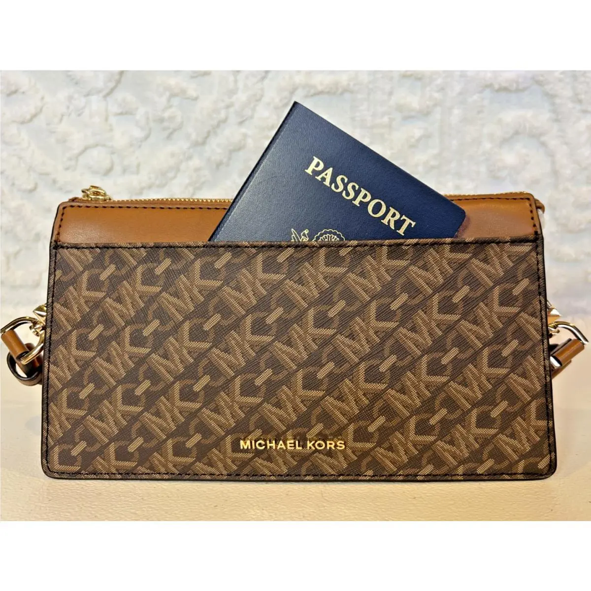 Michael Kors Empire Brown Luggage Tan Trim Convertible Crossbody MK Logo