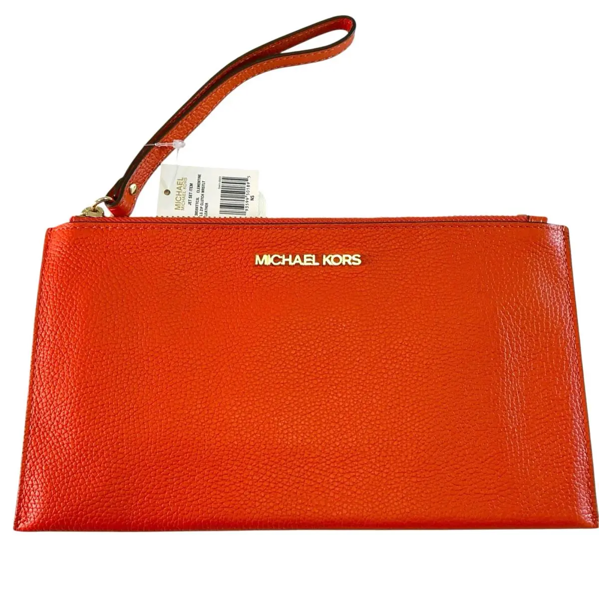 Michael Kors Jet Set Large Zip Clutch Wristlet Pebbled Leather Clementine/orange