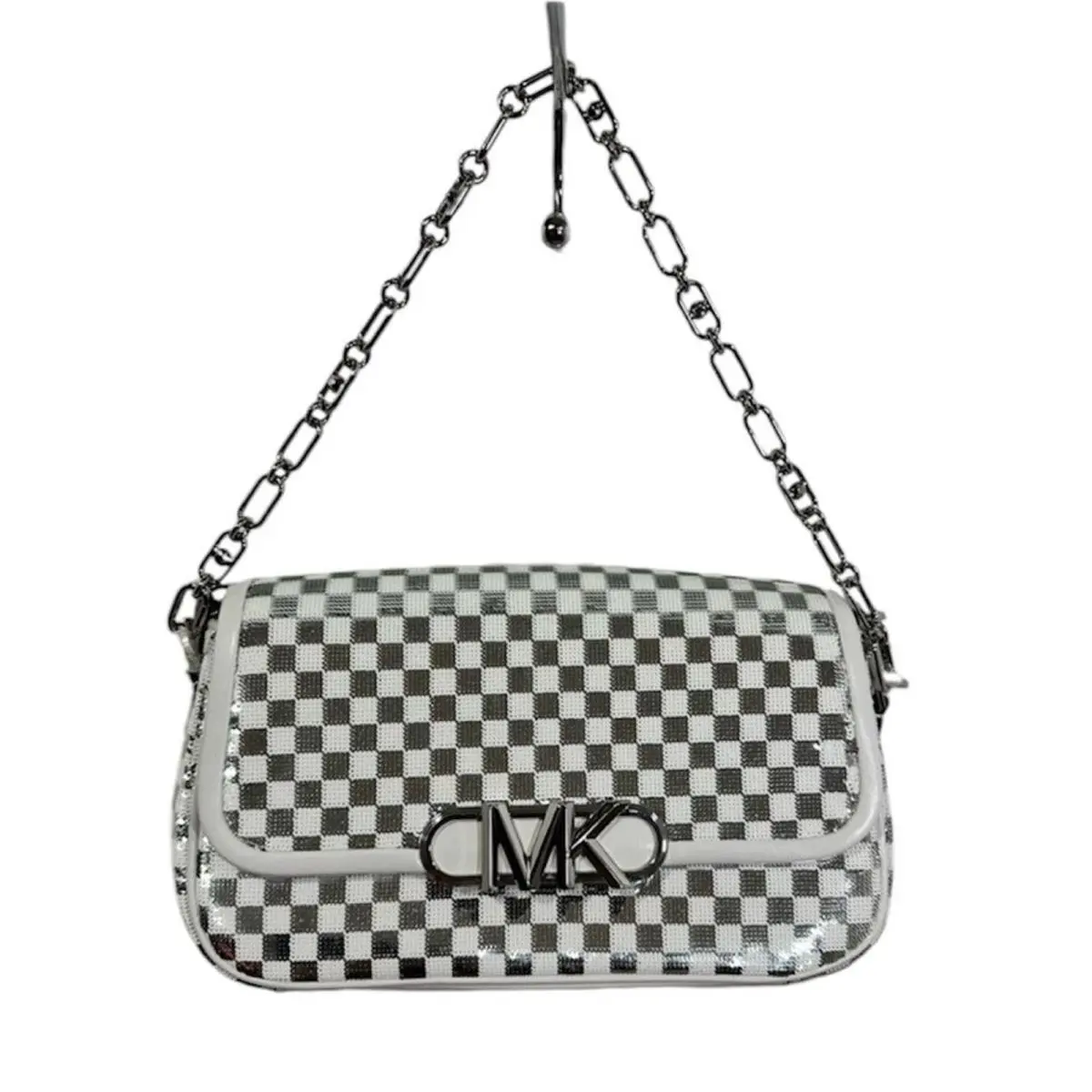 Htf Michael Kors Parker Check Silver Pouchette Convertible Shoulder Bag