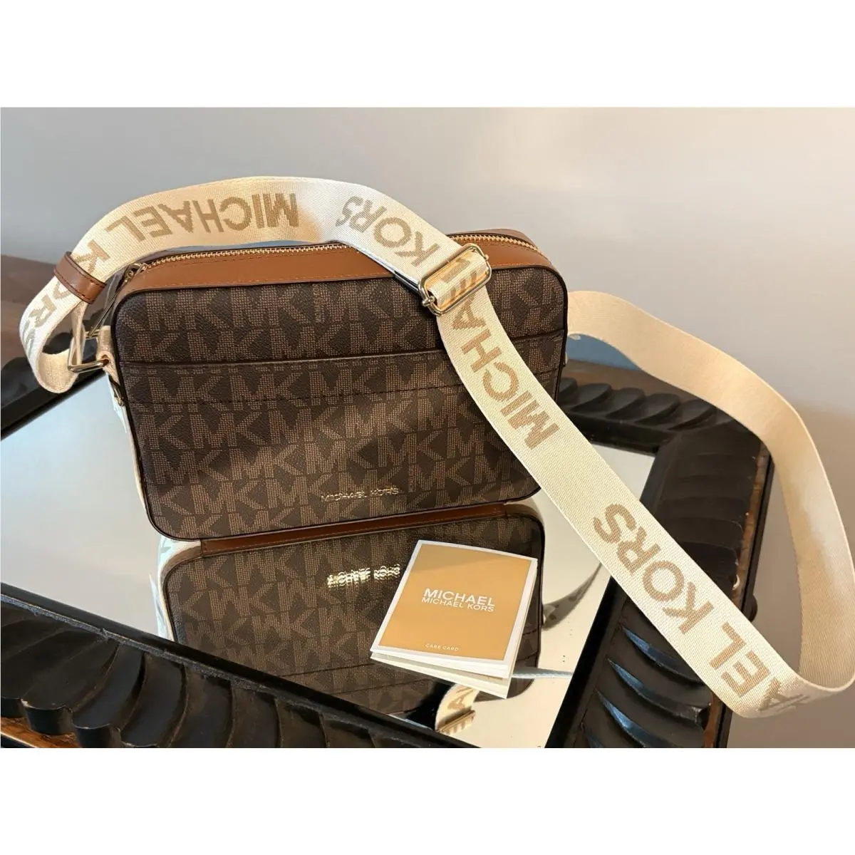 Maeve Brown Leather Crossbody W/ Canvas Strap Bin1 by Michael Kors