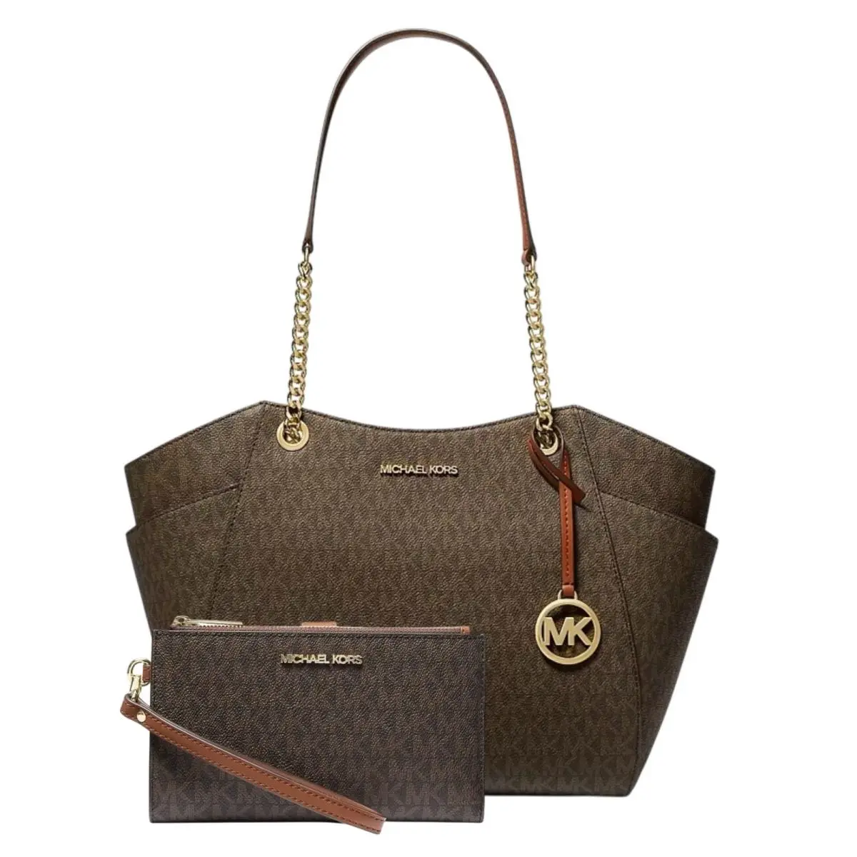 Michael Kors Jet Set Large Signature Logo Shoulder Bag Double Zip Wristlet