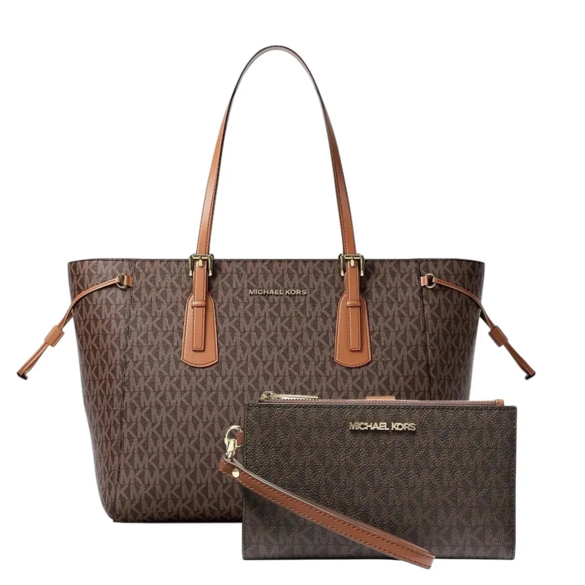 Michael Kors Voyager Large Signature MK Logo Tote Bag Double Zip Wristlet