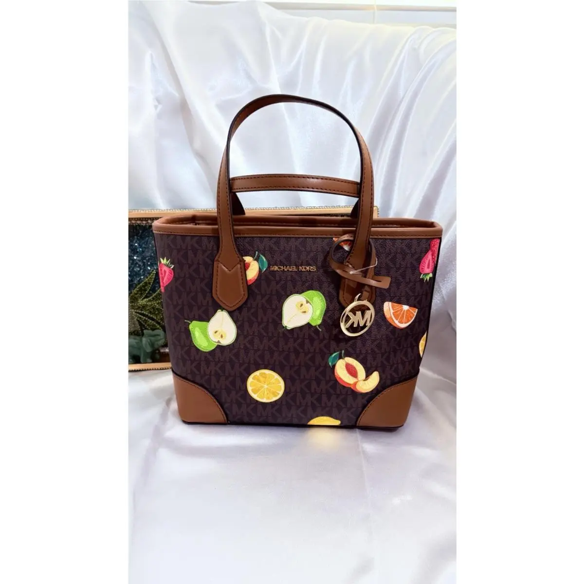 Michael Kors Bag Eva Printed Signature Logo Fruit Convertible Bag Handbag Brown