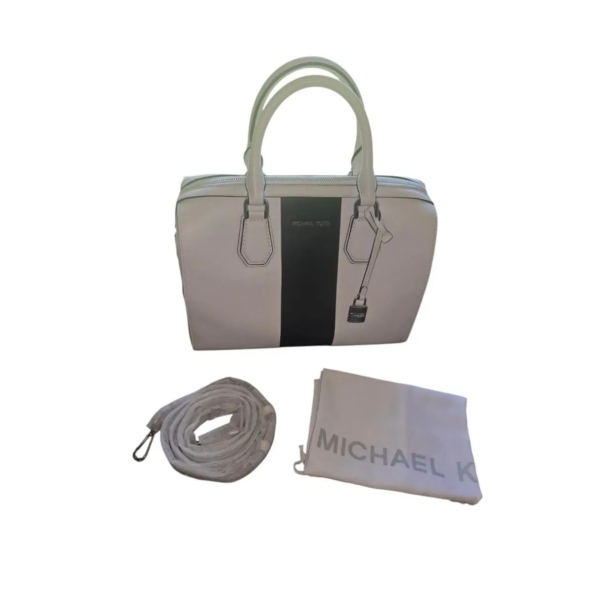 2 PC Set Michael Kors Mercer Medium Duffle Satchel Wrist Optic White/ Black