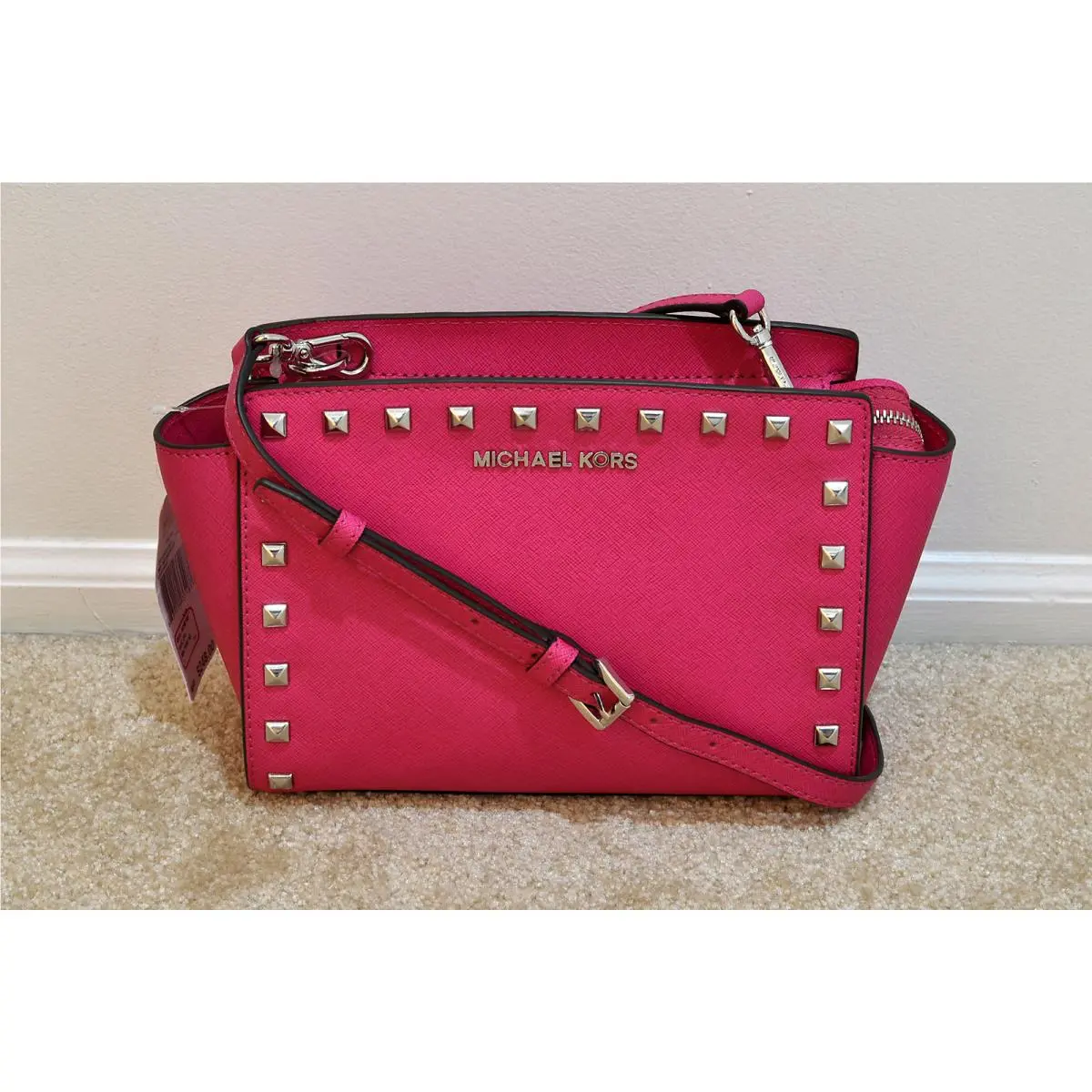 Kors Selma Medium Studded Leather Messenger in Raspberry by Michael Kors