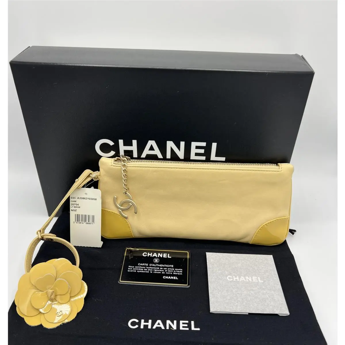 Chanel Box Set Long Leather Wristlet Clutch Bag Patent Beige
