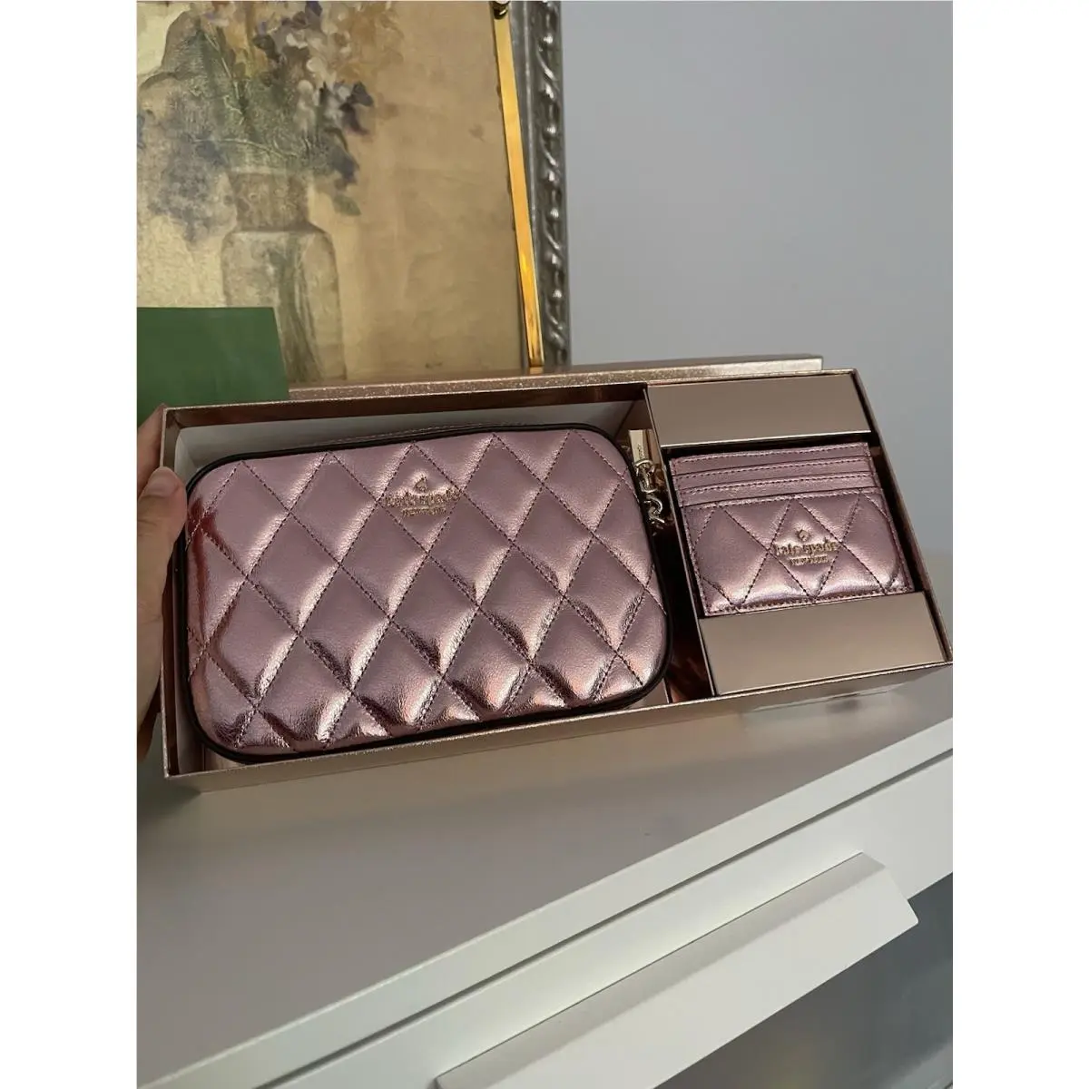 Boxed Quilted Metalic Leather Crossbody Card Case Set In Pink by Kate Spade