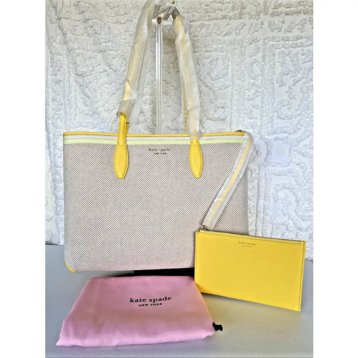New Kate Spade All Day Canvas Large Tote Purse Bag Yellow + Wallet Dust Bag