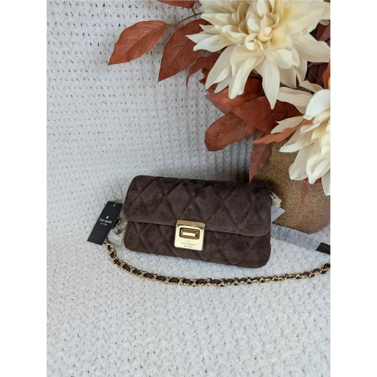 Carey Quilted Suede Flap Crossbody Bag Hot Fudge Brown Gold Turnlock by Kate Spade