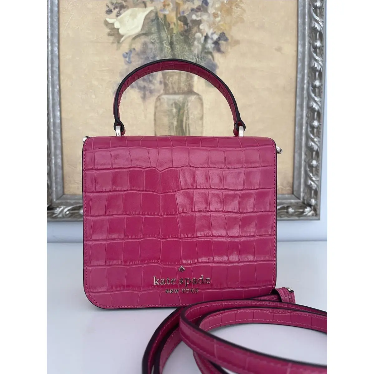 Croc Embossed Square Crossbody Handbag In Festive Pink by Kate Spade