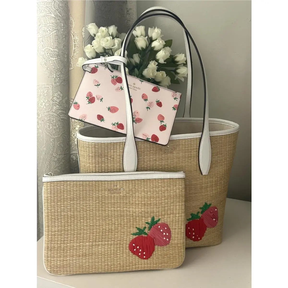 3 PC Picnic in The Park /strawberry Purse Tote Bag + Wristlet + Pouch by Kate Spade