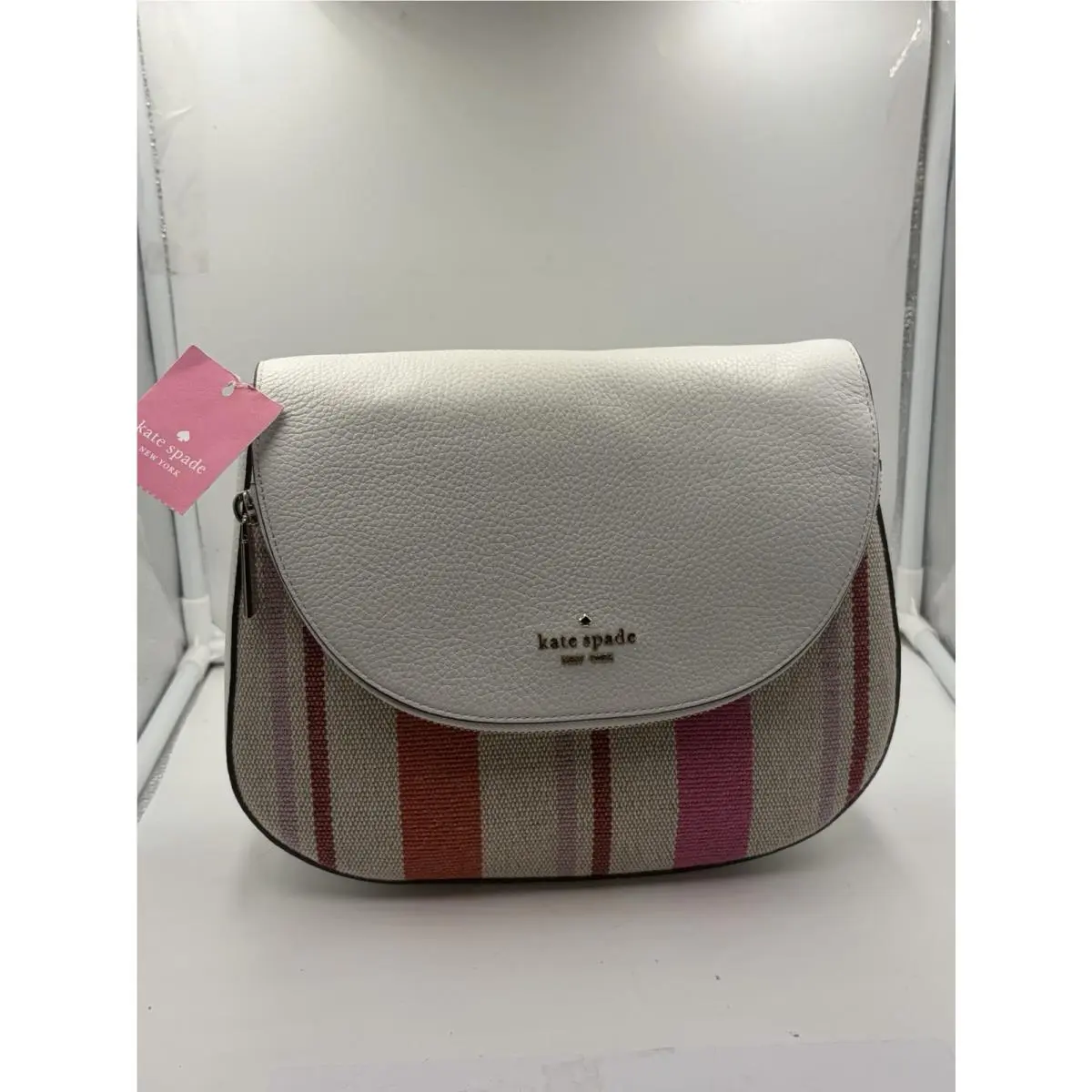 Leila Medium Flap Shoulder Bag Crossbody Pink Multi Stripe White New by Kate Spade