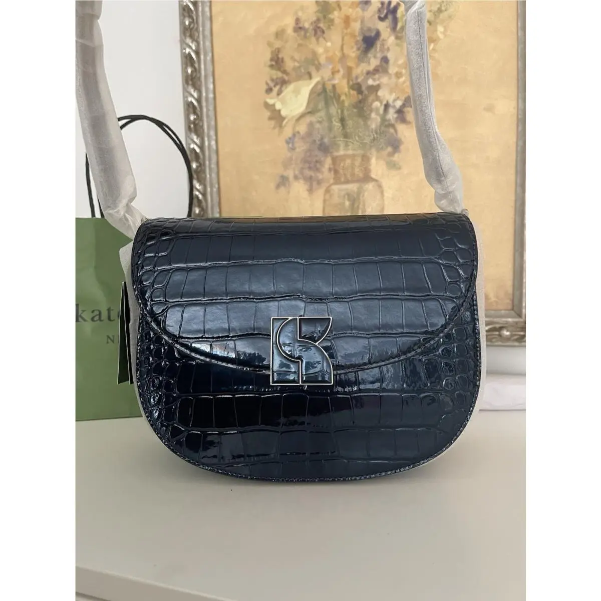 Dakota Metallic Croc-embossed Medium Saddle Bag In Navy by Kate Spade