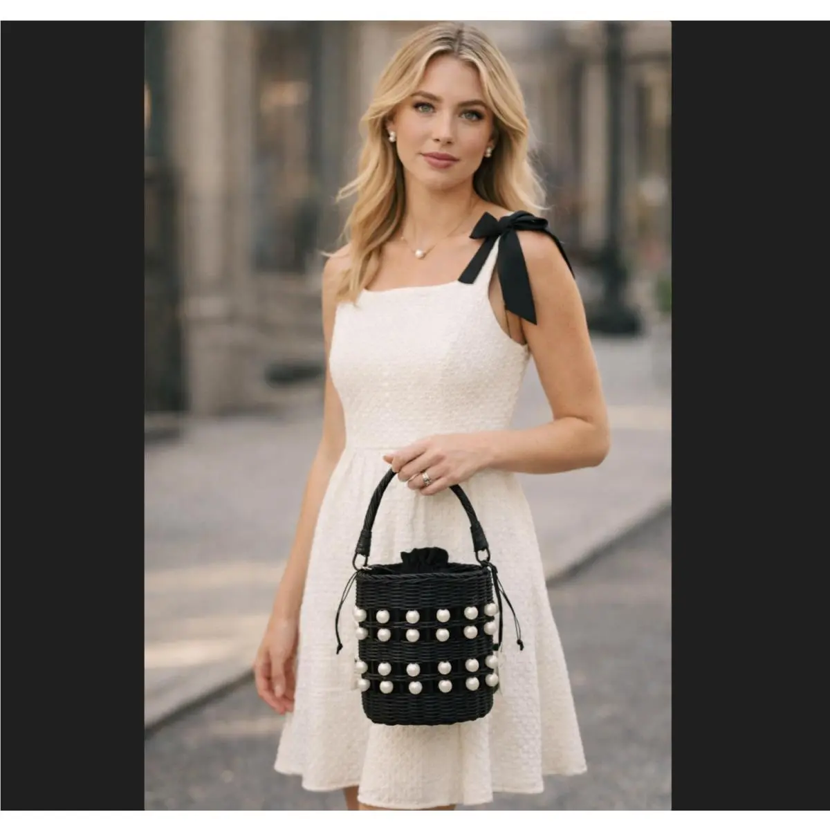 Target Pearl Basket Bag Black Woven Bucket Purse Mini Cottagecore by Kate Spade