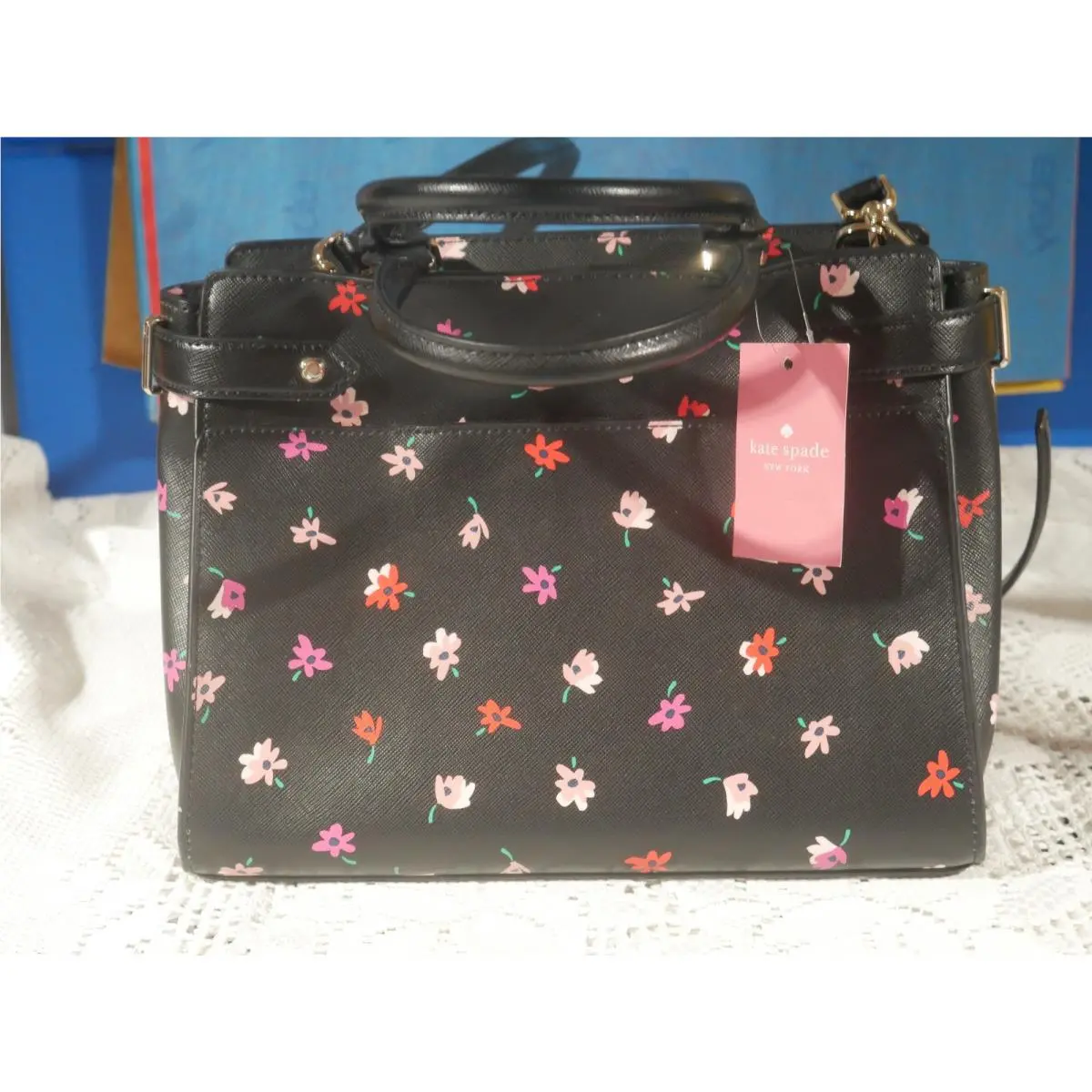 Kate Spade Staci Ditsy Buds Black Multi Leather Medium Satchel Purse Zip Top