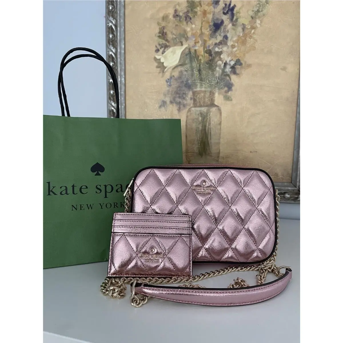 Boxed Quilted Metalic Leather Crossbody Card Case Set In Pink by Kate Spade