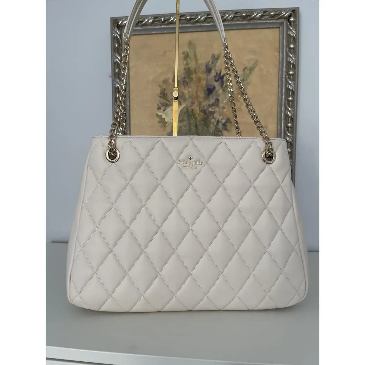 Carey Smooth Quilted Leather Large Shoulder in Parchment by Kate Spade