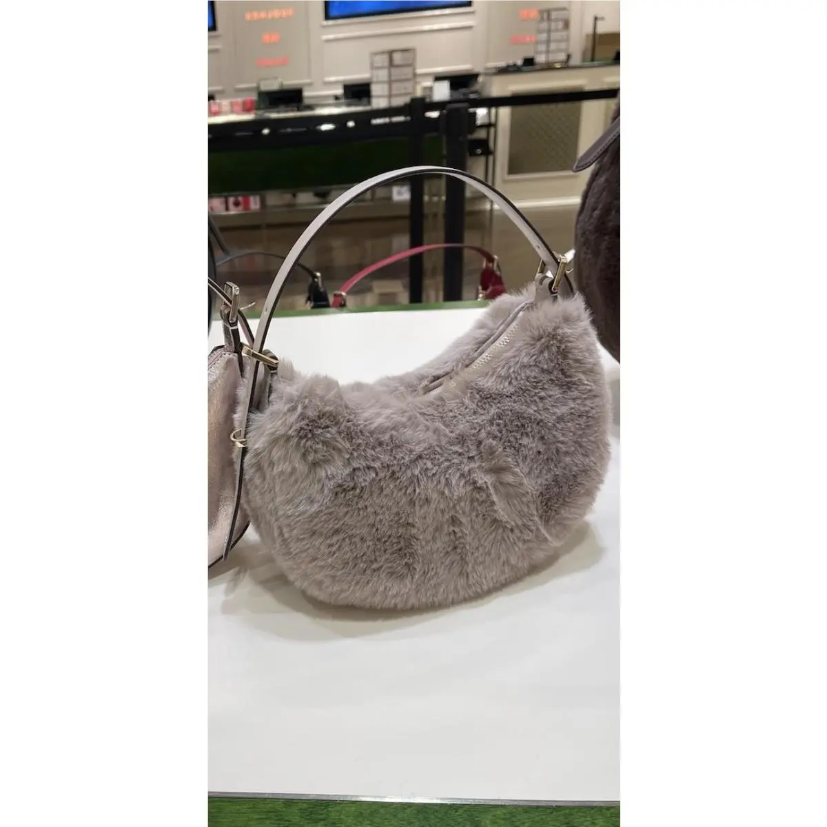 Nova Fur Small Crescent Shoulder Bag Cozy Gray KM689 by Kate Spade