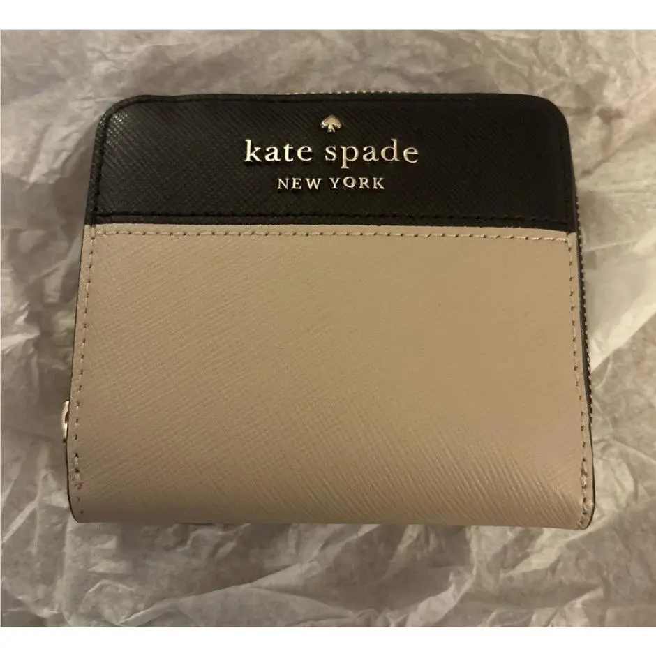 Kate Spade Staci Small Zip Around Wallet Black Beige Leather 4.5x4