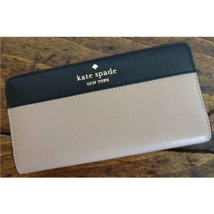 Kate Spade Madison Toasted Hazelnut Black Slim Bifold Saffiano Leather Wallet